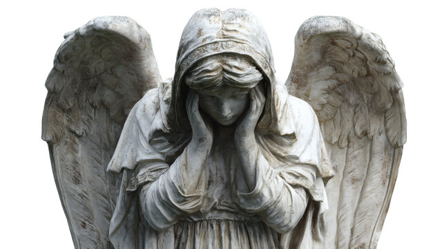 weathered white marble angel statue with folded wings and a serene face