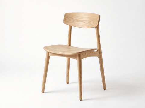 Scandinavian Solid Ash Wood Dining Chair with Curved Backrest and Tapered Legs Isolated on White Background