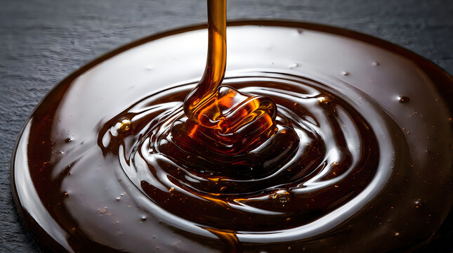 Thick golden honey pouring into a swirling puddle on a dark textured surface close up shot