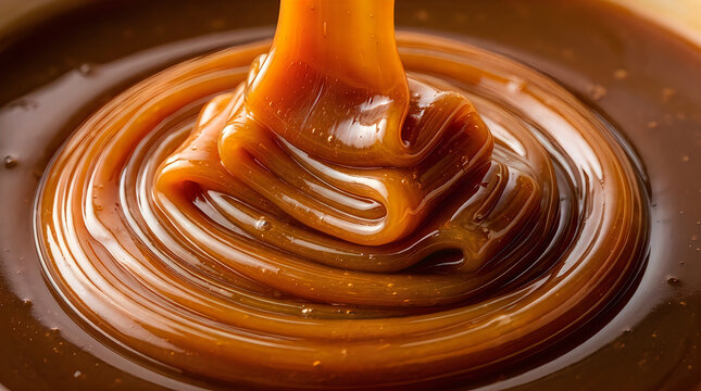 Thick golden caramel sauce pouring and swirling into a rich dark liquid chocolate base