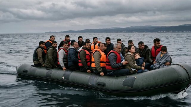 Overcrowded inflatable dinghy packed with refugees crossing rough open sea, men and children in orange life jackets. Migrants packed on a rubber boat sailing and seeking asylum.