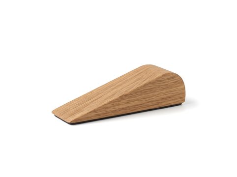 Solid Oak Wooden Wedge Doorstop with Dark Nonslip Base Isolated on White Background