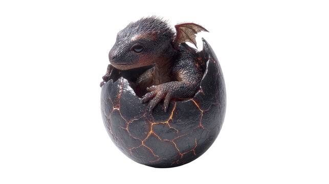 small baby demon hatchling emerging from a black egg with glowing cracks