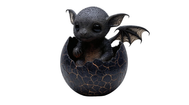 small baby demon hatchling emerging from a black egg with glowing cracks