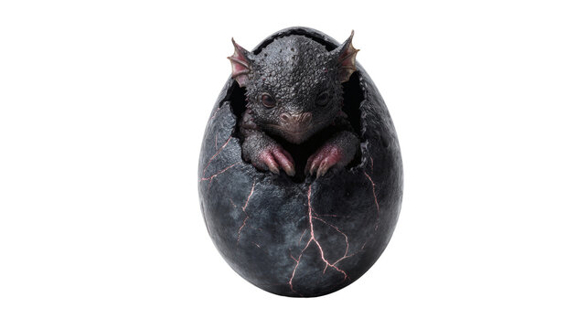 small baby demon hatchling emerging from a black egg with glowing cracks