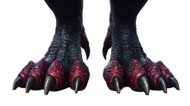 demon's muscular legs ending in large clawed feet with black talons and red scales