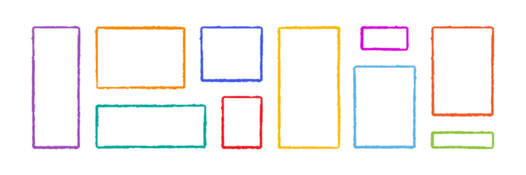 Crayon frame square, pastel line border rectangle. Color chalk text box hand drawn, pencil kid shape. Paint brush stroke picture, child outline rough texture set isolated. Simple vector illustration