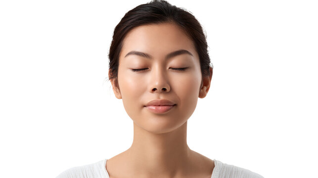 Asian woman with closed eyes and a peaceful smile facing the camera