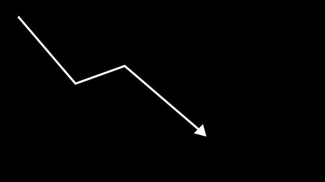 financial statistics chart bars arrow down, decreasing graph, drop market, white arrow falling down, downward trend arrow, business analysis and market decline concepts animation, 4k video