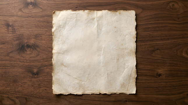 A single square piece of light gray paper placed on a rustic dark brown wooden table surface