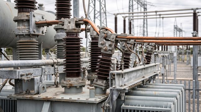 High voltage electrical transformer station equipment for power distribution.