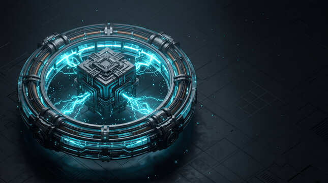 Isometric 3D render of a dark titanium superconducting qubit resonator node suspended inside a magnetic ring with pulsing cyan energy fields and copy space