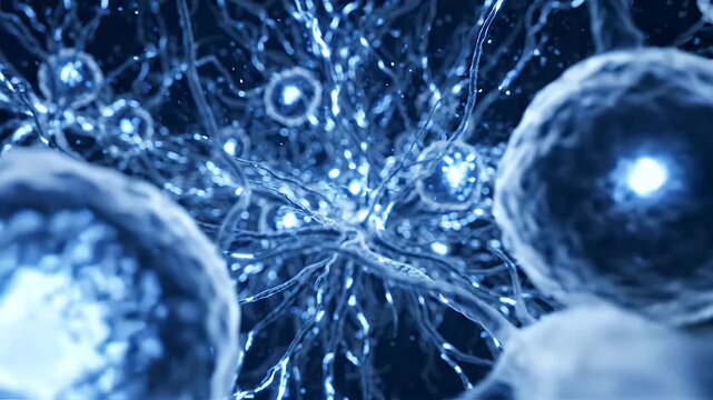 Neuron network pulsing with electrical impulses and firing synapses in cinematic motion