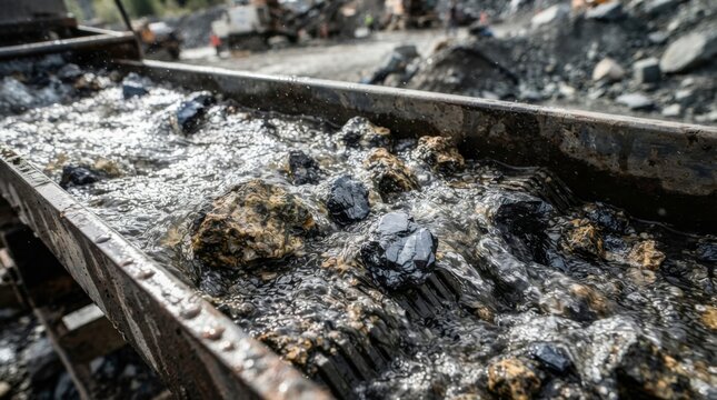 Raw scheelite and wolframite tungsten ore tumbling in a vibrating mineral separation sluice with flowing water, concept of critical mineral extraction and mining