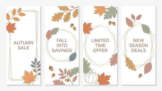 Autumn seasonal promotional banners with limited time offers autumn collections using leaf acorn illustrations