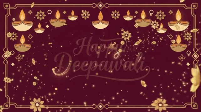 Happy Deepavali background video with traditional diyas flowers and ornamental border design