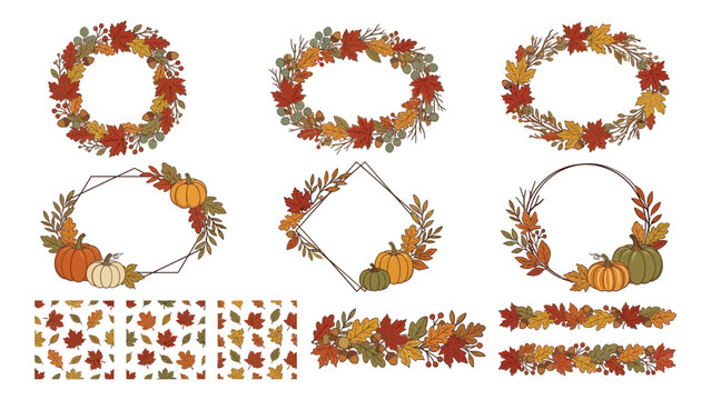 Autumn themed decorative wreaths and leaf patterns in warm seasonal colors with illustrated autumn wreath