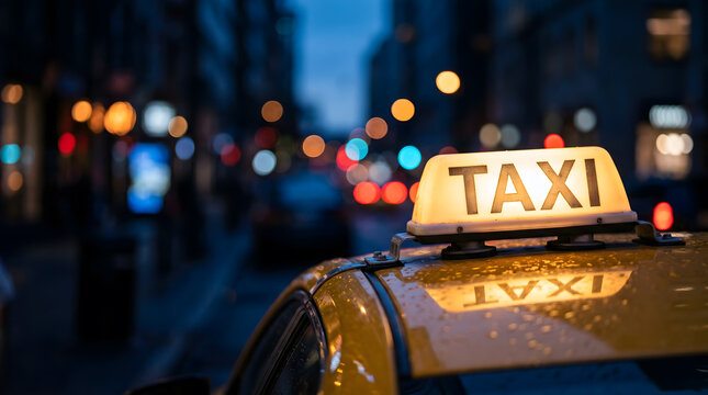 Vibrant taxi roof light glows atop yellow motorcar waiting patiently along rainy metropolis thoroughfare at nightfall. Glowing vehicle sign creates inviting warmth against cool blue cityscape.