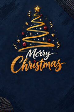 Merry Christmas greeting card featuring a glowing golden spiral Christmas tree with shining star, festive ornaments and elegant holiday calligraphy on a textured dark navy blue background