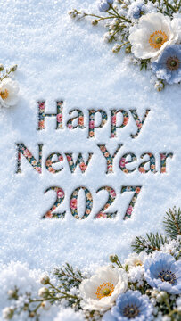 Happy New Year 2027 greeting card featuring colorful floral typography on a soft snowy blue background, delicate white and blue winter flowers, evergreen sprigs and frosted floral decorations