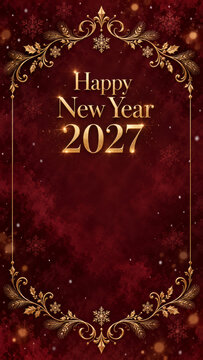 Happy New Year 2027 luxury greeting card featuring elegant golden typography, ornate baroque floral border, decorative scrollwork and rich burgundy red textured background with festive golden details