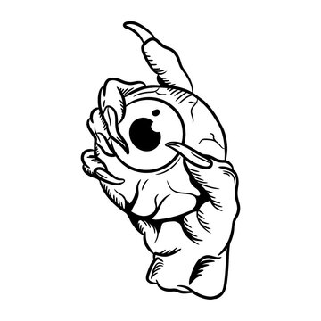 Creepy monster hand holding an eyeball vector illustration in black and white