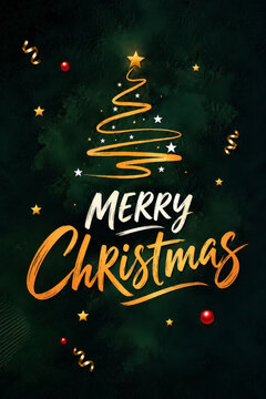 Merry Christmas greeting card featuring a minimalist glowing golden spiral Christmas tree, elegant festive calligraphy, tiny stars and red ornaments on a textured dark emerald green background