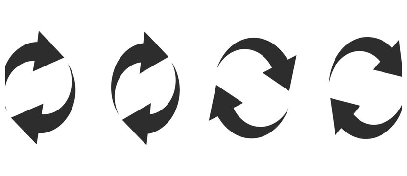 Black refresh and reload arrows icon collection for data synchronization and loop processes.