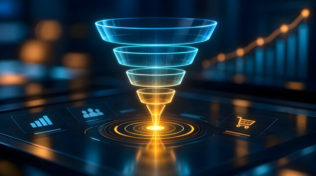 3D Neon Glowing Sales Funnel Diagram Floating over Digital Dashboard with Analytics Icons, Representing Customer Journey, Marketing Conversion, and Data-Driven Business Growth Strategy