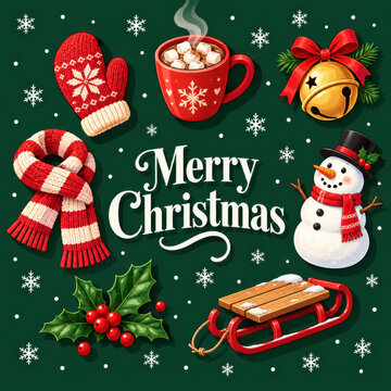 Merry Christmas greeting poster featuring cute snowman, red mittens, knitted scarf, hot chocolate mug, golden jingle bells, holly berries and wooden sled on a festive dark green background