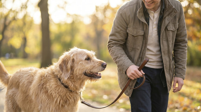 Happy owner holds leather leash while walking golden retriever dog across fall park. Joyful canine companion moves alongside smiling person, celebrating active lifestyle outdoors in nature.