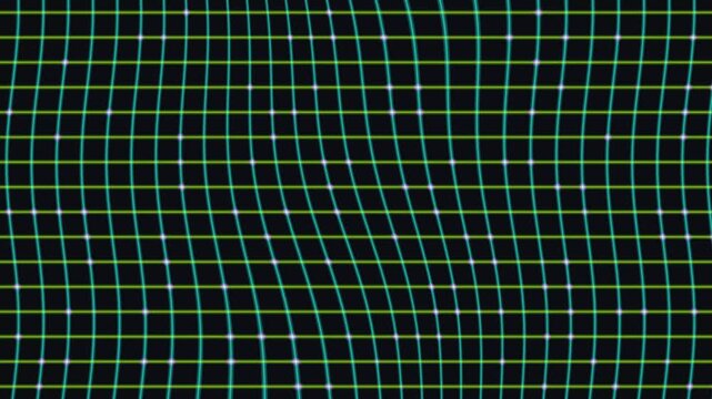 Neon grid of cyan and yellow lines rippling over black