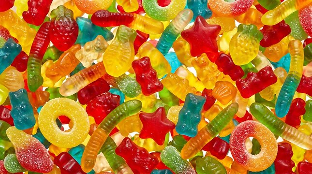 Colorful gummy candies in many different shapes like bears and rings mixed together in a big pile of sweet snacks