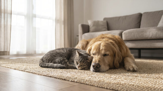 Golden retriever rests alongside sleeping cat upon woven jute rug inside bright living room, capturing realistic pet lifestyle photography with serene companionship during afternoon rest.