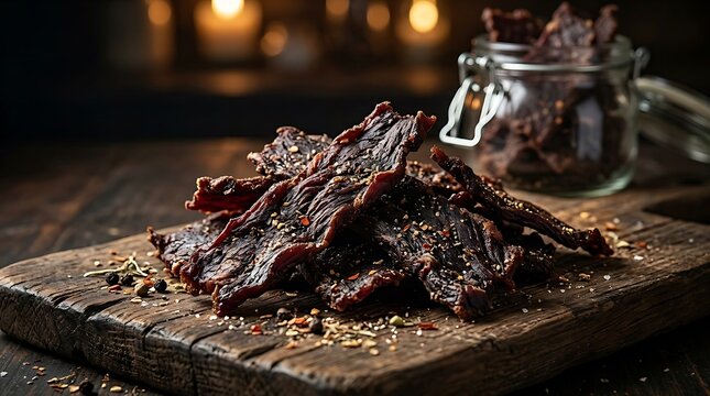 Delicious pieces of dried beef jerky meat with spices on a rustic wooden board in a dark kitchen with warm lighting