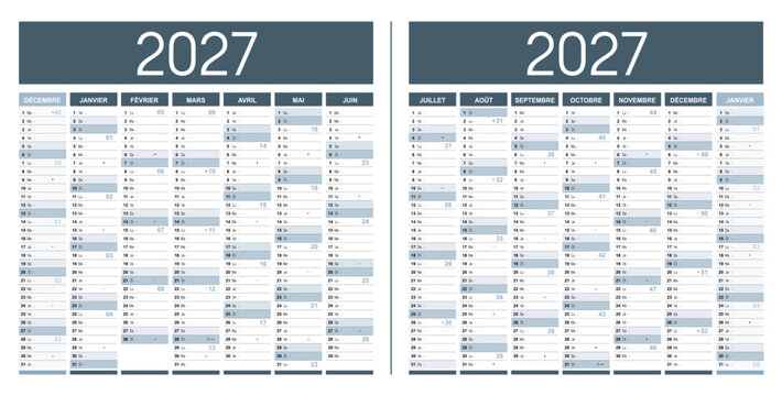 Calendrier Fran&ccedil;ais 2027 modifiable vectoriel, grand format France. Mod&egrave;le personnalisable pour bureau