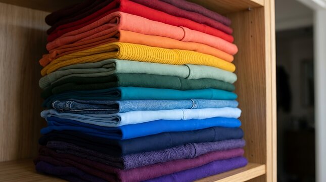Stack of folded colorful t-shirts arranged by rainbow colors on a wooden shelf inside a home closet for organization