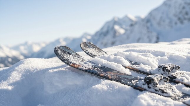 Pair of skis rests partially buried in powdery snow atop scenic peak. Sturdy ski tips catch crisp sunlight against blurred mountain range, conveying calm adventurous winter sports spirit.