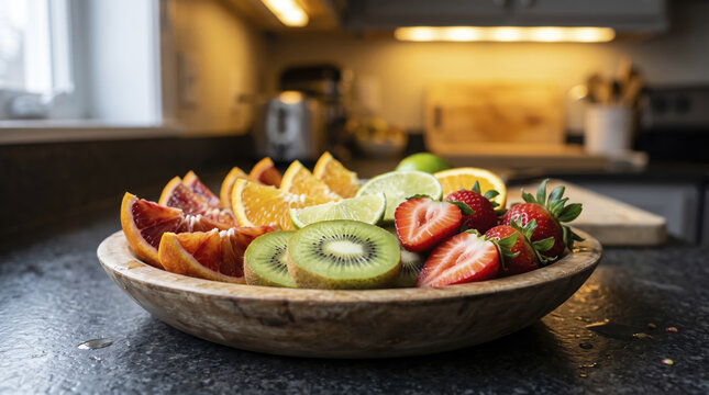 Sliced fruit in wooden bowl rests upon kitchen countertop, displaying colorful strawberries, juicy kiwi slices, fresh lime pieces, alongside vibrant citrus wedges in bright ambient light.