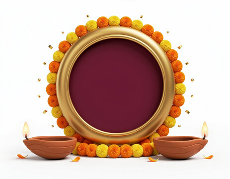 Diwali frame with marigold flowers and glowing diyas