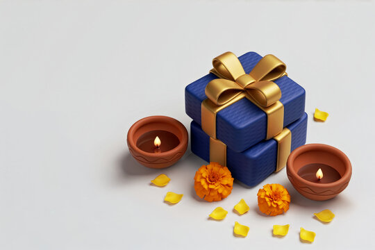 Diwali gifts with lit diyas and marigold flowers overhead