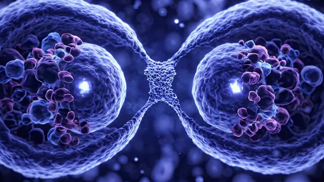 Cell division mitosis biological process microscopic animation in 4k
