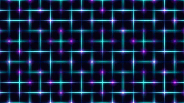 Glowing neon grid with shifting cyan and magenta lights