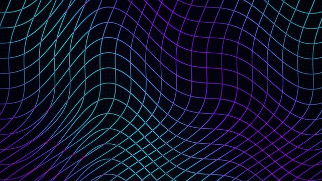 Neon cyan and purple wave grid flowing on black background