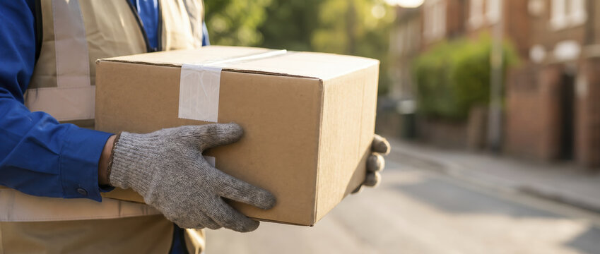 Courier holds cardboard parcel box along sunny suburban neighborhood street, providing reliable package delivery service while wearing sturdy protective work gloves and high visibility vest.