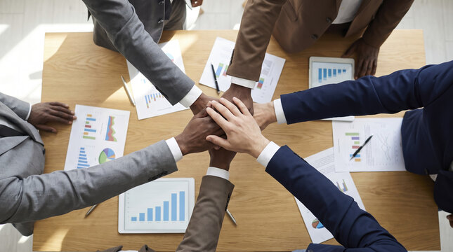 Business associates unite hands in teamwork gesture across light wood desk, celebrating shared corporate success surrounded by printed statistical reports and modern electronic tablets.