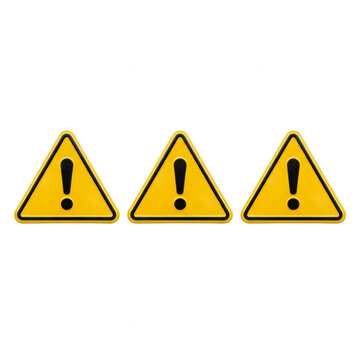 Three Yellow Warning Signs with Black Exclamation Marks Isolated on White Background