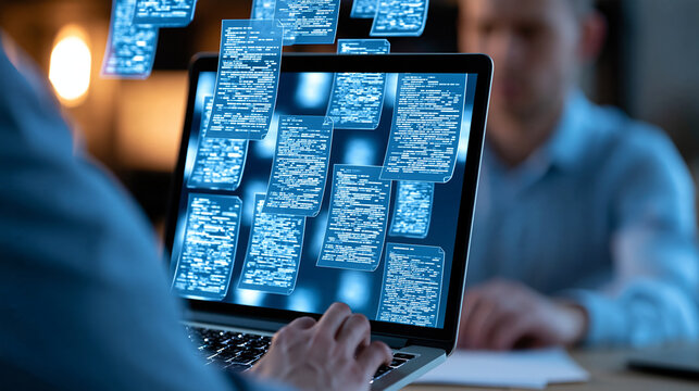 Business professional verifying an AI-generated report against original source documents displayed on a laptop, faceless over-the-shoulder composition, fact-checking workflow, AI