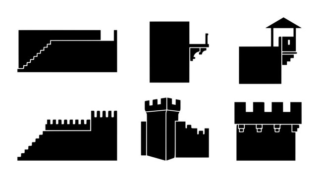 Castle wall silhouettes set with battlements, stairs and watchtower for historical design