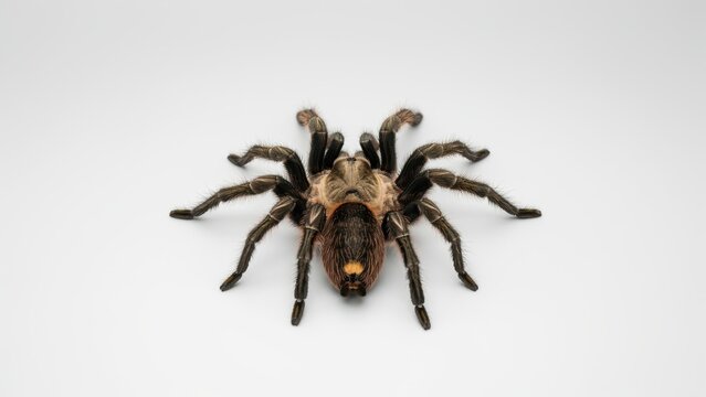 A detailed close-up shot of a tarantula spider isolated on white background. This high-resolution macro image is ideal for educational biology or wildlife content.